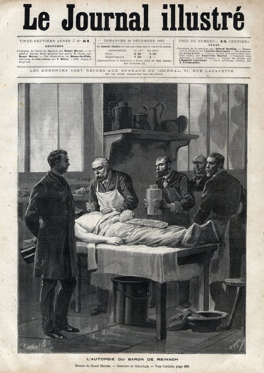 Jacques de Reinach báró (1840-1892) boncolása 1892-ben – Meaulle metszetei az 1892-es „The Illustrous Journal”-ban alkotó: Fortune Louis Meaulle