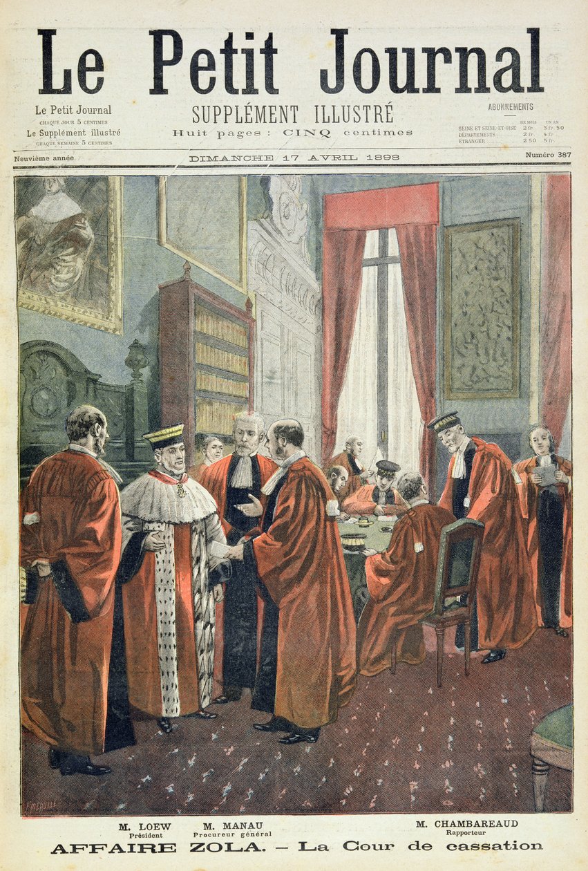 Címlap, amely a Semmítőszéket ábrázolja Loew úrral, Chambareaud úrral és Manau úrral, illusztráció a Le Petit Journal illusztrált mellékletéből alkotó: Fortune Louis Meaulle