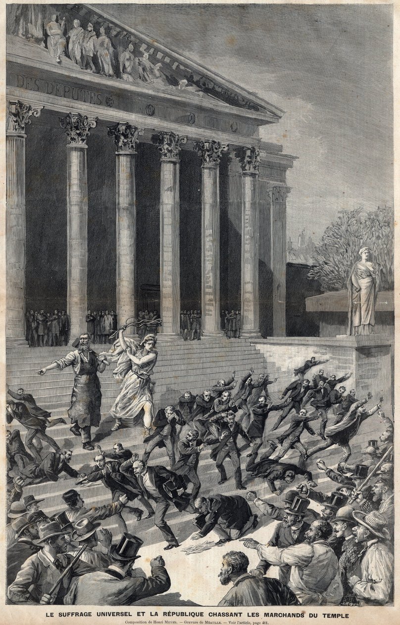 Az általános választójog és a kereskedőket kergető köztársaság a templomból – allegória a panamai ügy utóhatásairól – Meaulle metszete, Henri Meyer alkotó: Fortune Louis Meaulle