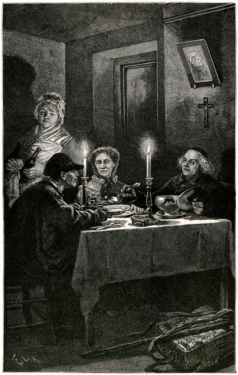 Victor Hugo "Les Miserables" Lix Meaulle által metszett illusztrációja: a Forcat és az Eveque. Jean Valjean, akinek az eveque Myriel felajánlotta a kórházat, utolsó menekülését követi el: a házigazda ezüst étkészletét. Az asztalon a két ezüst gyertyatartó alkotó: Fortune Louis Meaulle