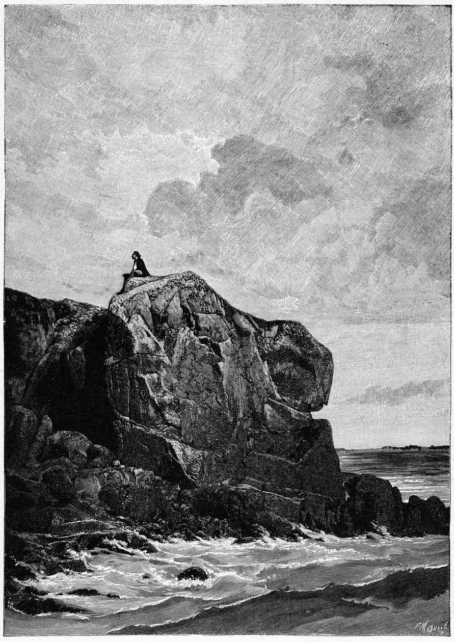 Victor Hugo száműzetésben Jerseyben, 1855-ben, a Proscriit-sziklán. Louis Fortune Meaulle (1844-1901) metszete, amelyről Hugo így nyilatkozott: "A képet Hugo nem tudta, hogy az életben van: "Azt hiszem, il grave". alkotó: Fortune Louis Meaulle