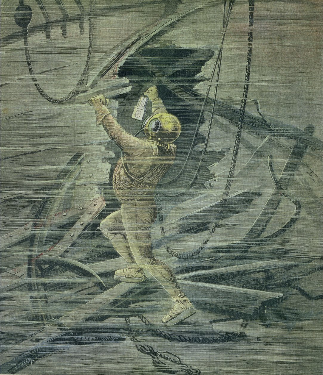Egy mélytengeri búvár, aki a roncsokat nézi Le Havre kikötőjében, a "Le Petit Journal"-ból, 1892. február 13. alkotó: Fortune Louis Meaulle and Henri Meyer