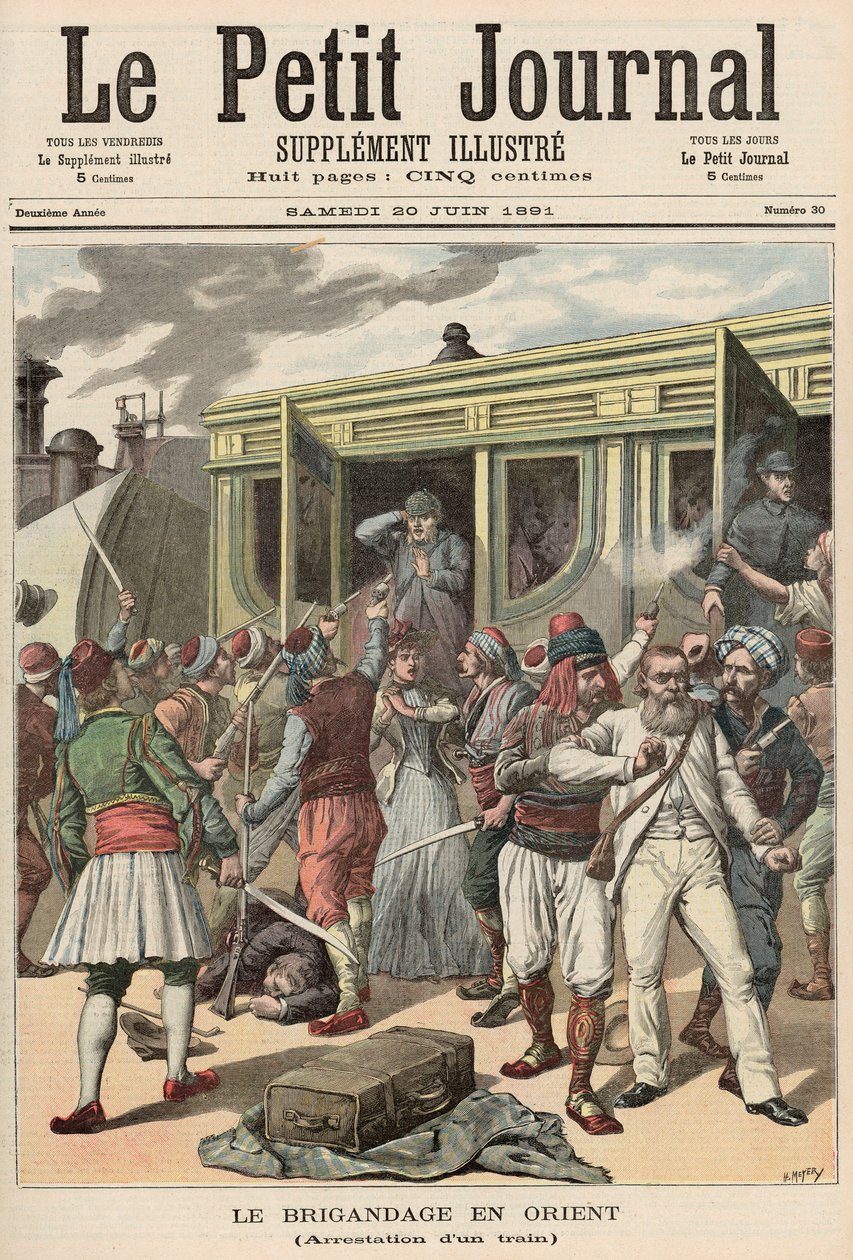 Banditák a keleten: Letartóztatások egy vonaton, a „Le Petit Journal”, 1891. június 20. alkotó: Fortune Louis Meaulle and Henri Meyer