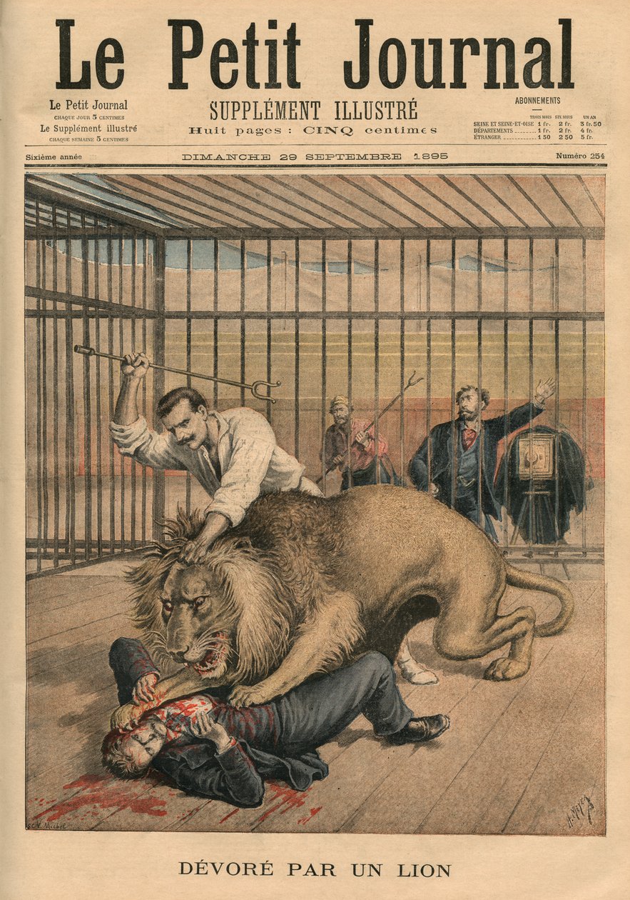 Oroszlán felfalja, a „Le Petit Journal” címlapjának illusztrációja, mellékelt illusztráció, 1895. szeptember 29. alkotó: Fortune Louis Meaulle and Henri Meyer