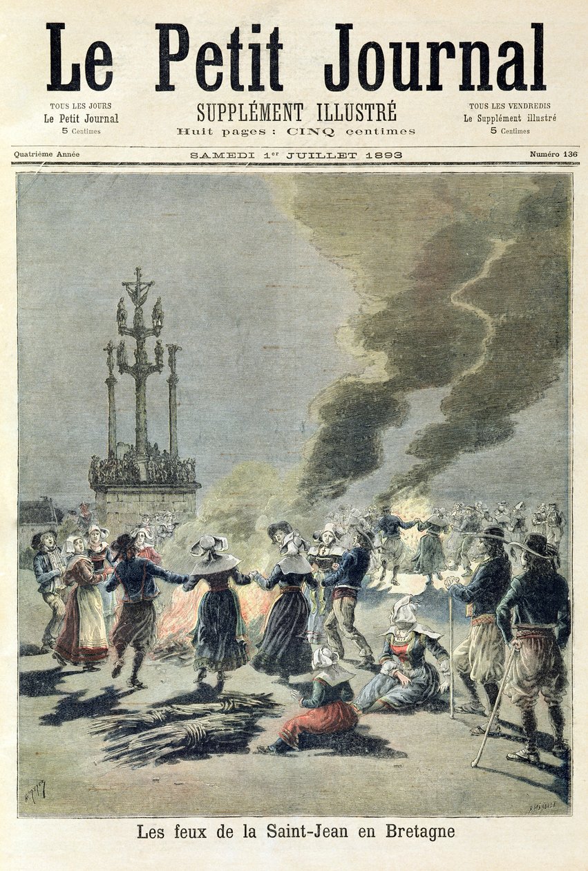 A nyári napforduló megünneplésére gyújtott máglyák Bretagne-ban, a „Le Petit Journal” címlapja, 1893. július 1. (színes metszet) alkotó: Fortune Louis Meaulle and Henri Meyer