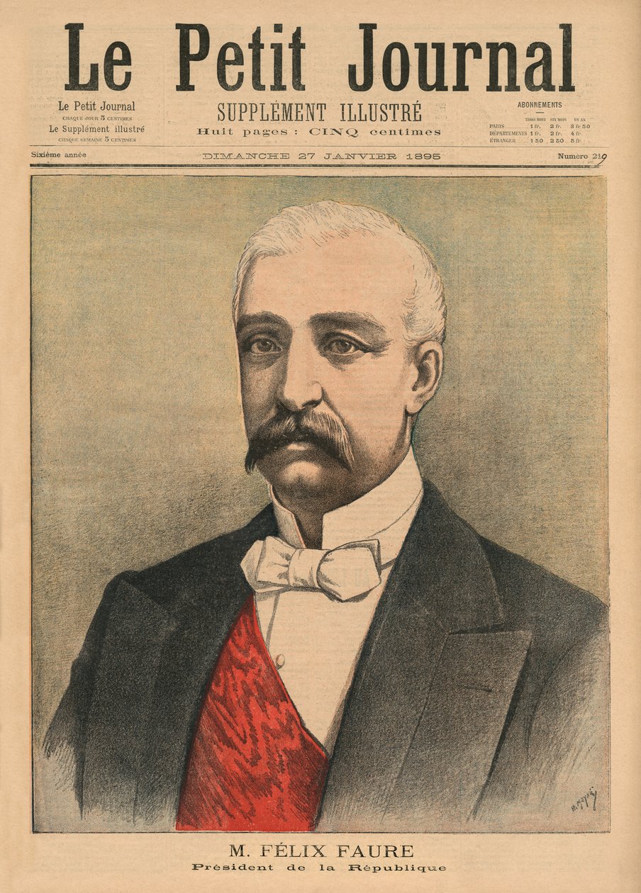 Felix Faure, a Francia Köztársaság elnöke, címlap-illusztráció a „Le Petit Journal”-ból, mellékillusztráció, 1895. január 27. alkotó: Fortune Louis Meaulle and Henri Meyer