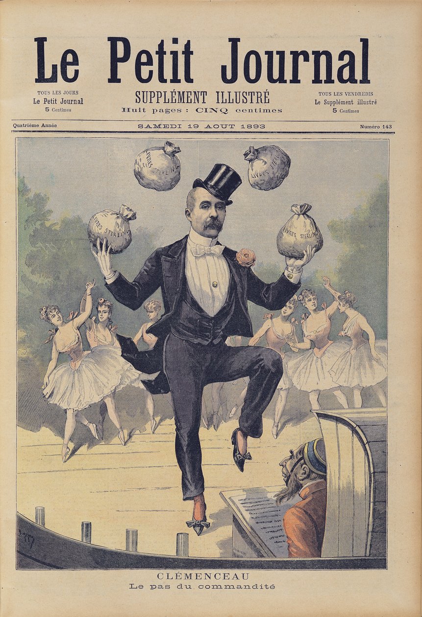 Georges Clemenceau (1841-1929) angol pénzes zacskókkal zsonglőrködik, a „Le Petit Journal”-ból, 1893. augusztus 19. alkotó: Fortune Louis Meaulle and Henri Meyer