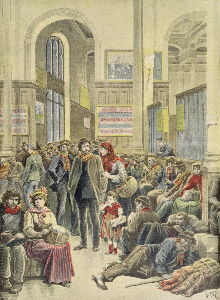 Olasz emigránsok a Gare Saint-Lazare pályaudvaron, a "Le Petit Journal" 1896. március 29-i számából. alkotó: Fortune Louis Meaulle and Henri Meyer