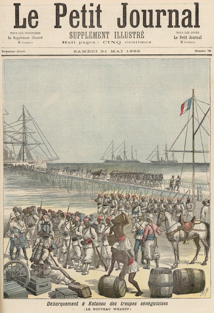 A szenegáli csapatok partraszállása a cotonoui New Wharfnál, a „Le Petit Journal”-ból, 1892. május 21. alkotó: Fortune Louis Meaulle and Henri Meyer