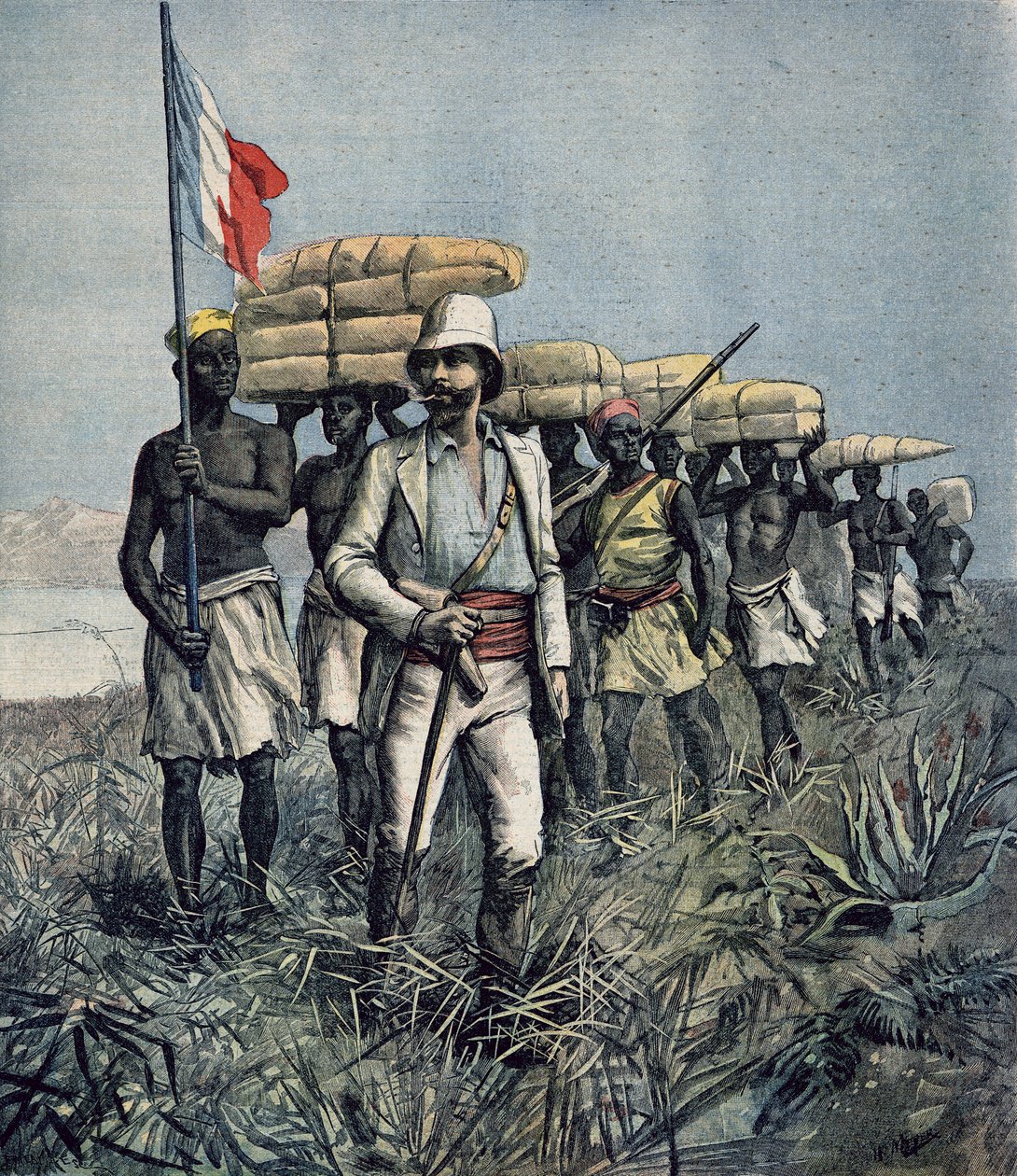 Mizon hadnagy (1853-1899) a nigériai Benue folyó területét kutató 1892-es küldetésén, a „Le Petit Journal”-ból, 1892. július alkotó: Fortune Louis Meaulle and Henri Meyer