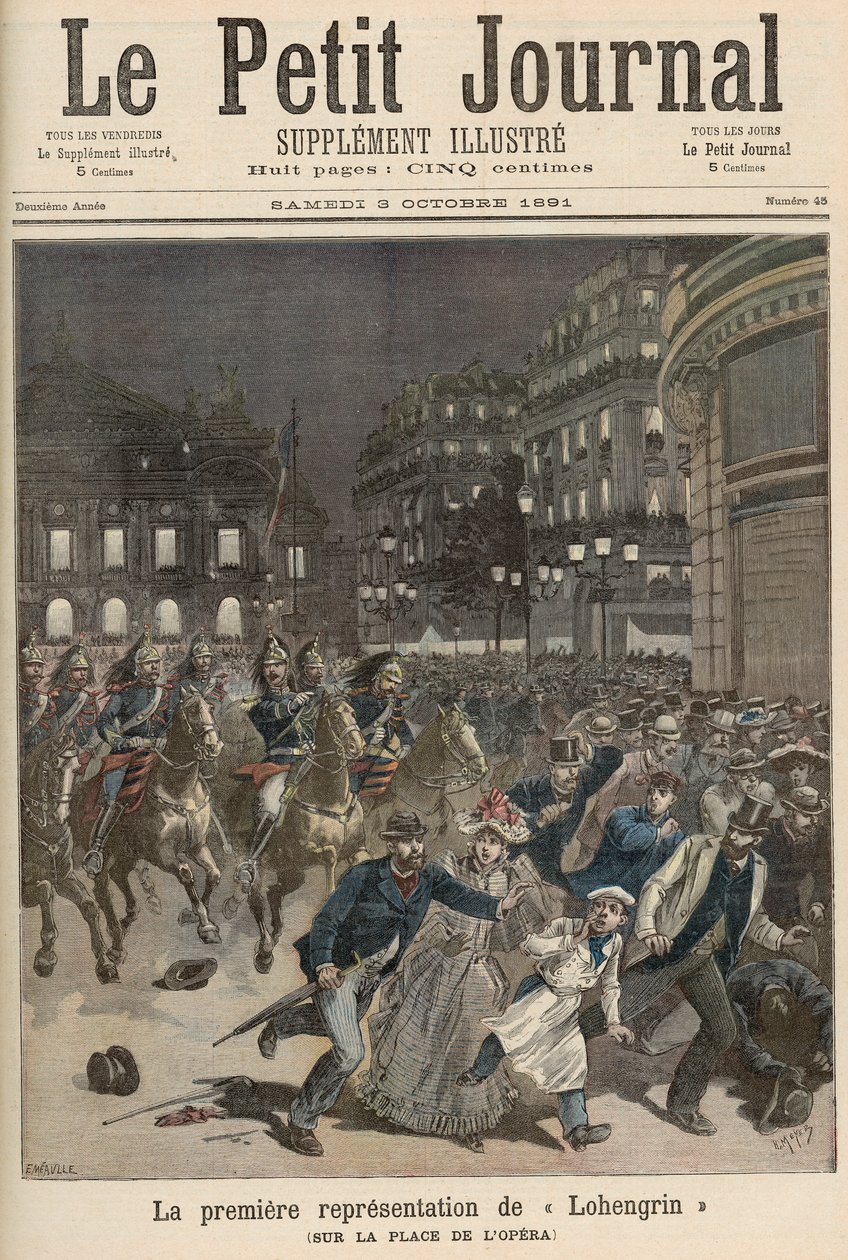 Párizsi zavargások a „Lohengrin” előadása ellen a Palais Garnier-ben, a „Le Petit Journal”-ból, 1891. október 3. alkotó: Fortune Louis Meaulle and Henri Meyer