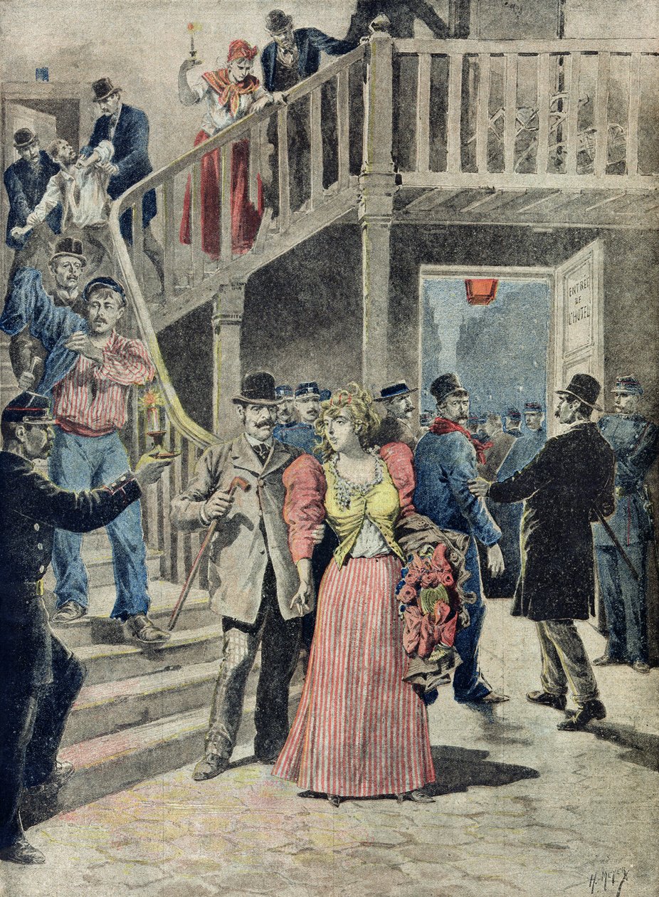 A prostituáltak letartóztatása a párizsi szállodákban, a "Le Petit Journal"-ból, 1895. augusztus 4. alkotó: Fortune Louis Meaulle and Henri Meyer