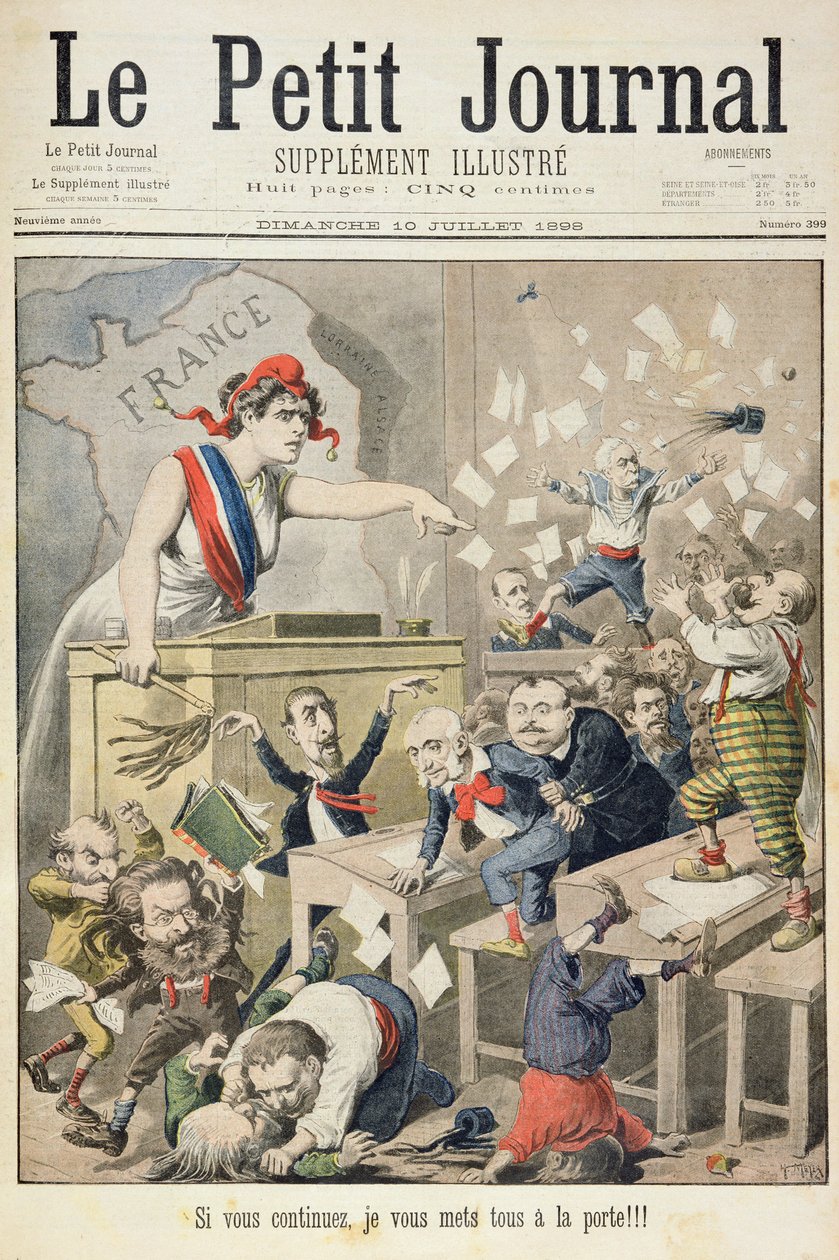 A képviselőházban zajló zűrzavart ábrázoló címlap, illusztráció a Le Petit Journal illusztrált mellékletéből, 1898. július 10. alkotó: Fortune Louis Meaulle and Henri Meyer