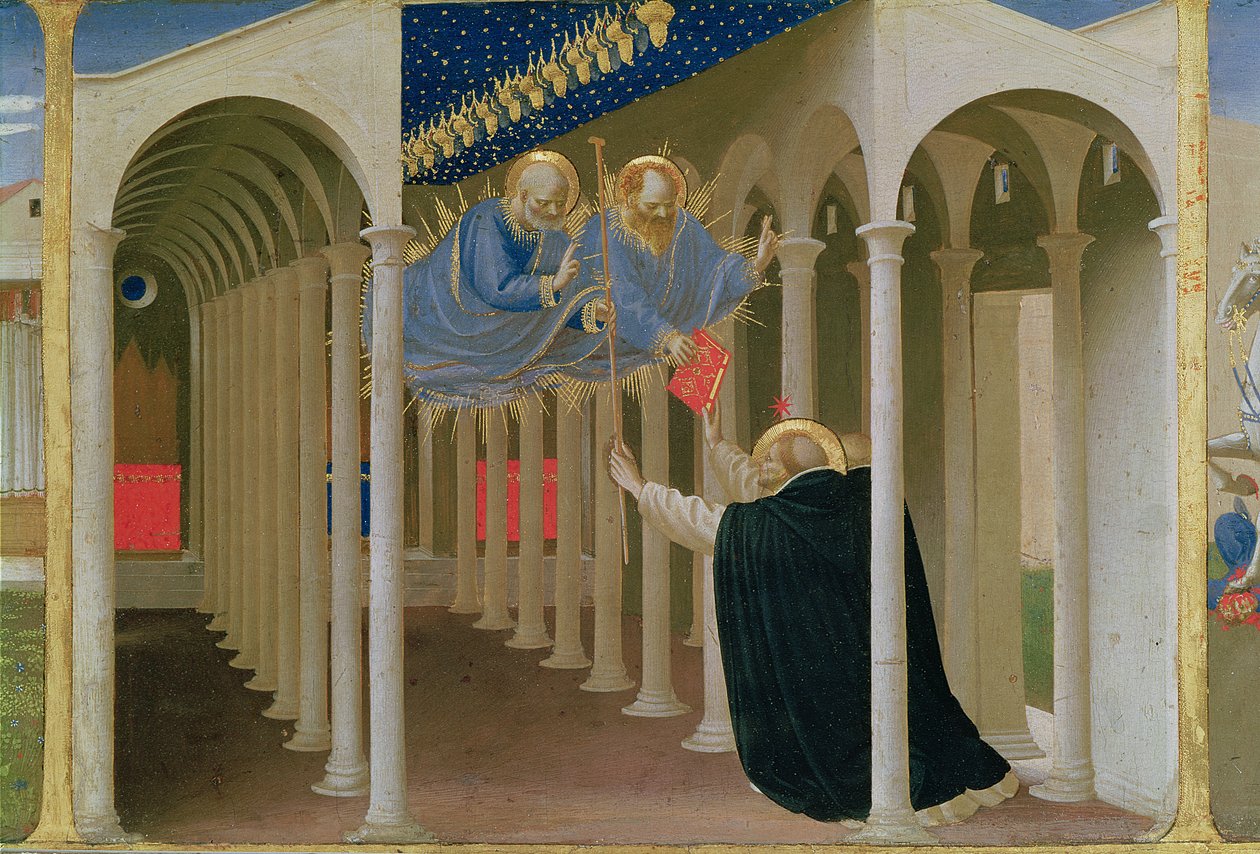 SS megjelenése. Péter és Pál Szent Domonkosnak, a Szűz Koronázása predella táblájáról, 1430-32 körül (tempera a panelen) alkotó: Fra Angelico