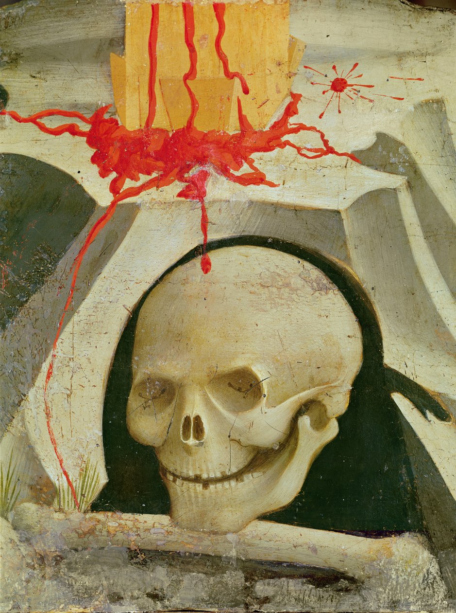 Keresztre feszítés és szentek részlete a koponyáról a Kereszt lábánál olaj, fa alkotó: Fra Angelico