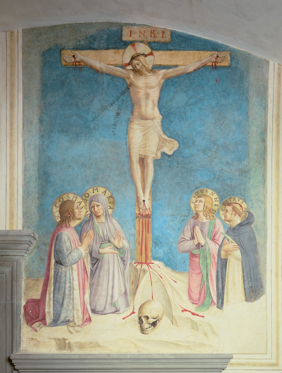 Keresztre feszítés SS-szel. Cosmas, János és Péter vértanú, 1442 alkotó: Fra Angelico