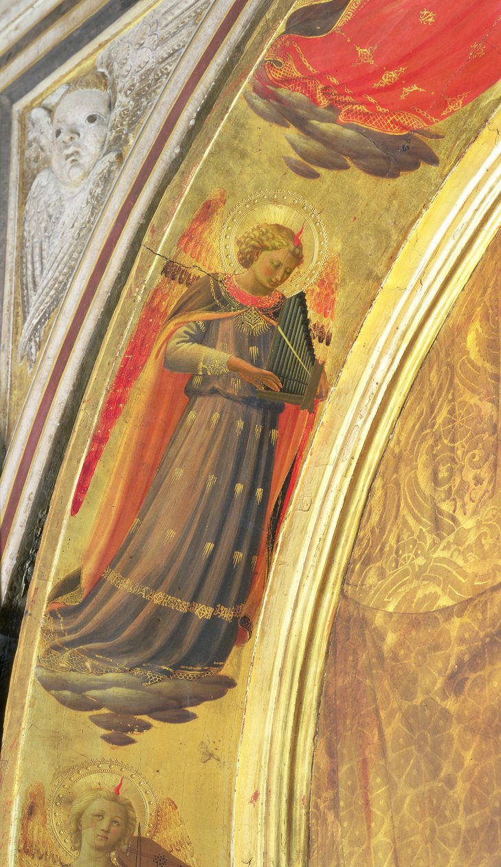 Részlet a Linaivoli Triptichon oldaláról, amelyen egy angyal látható, aki hordozható orgonát tart, 1433 (tempera a panelen) alkotó: Fra Angelico