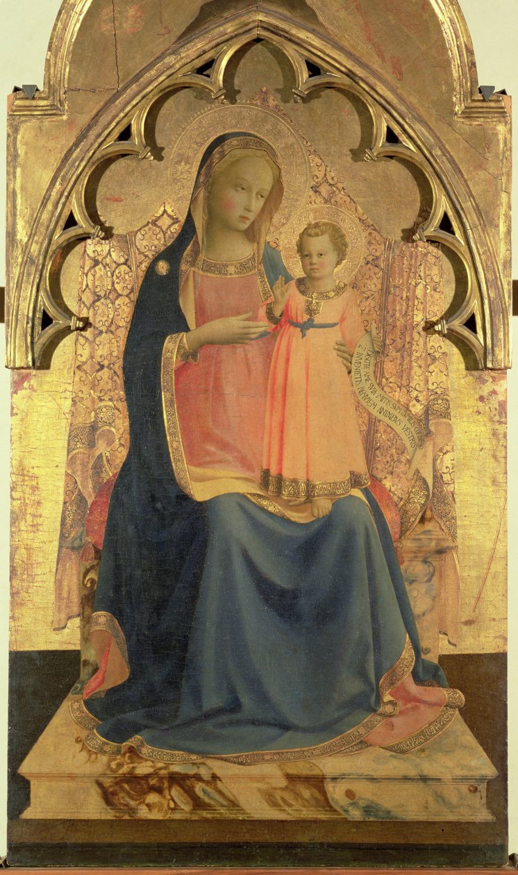 Madonna és gyermek, triptichon központi panelje (tempera és aranylevél a panelen) alkotó: Fra Angelico