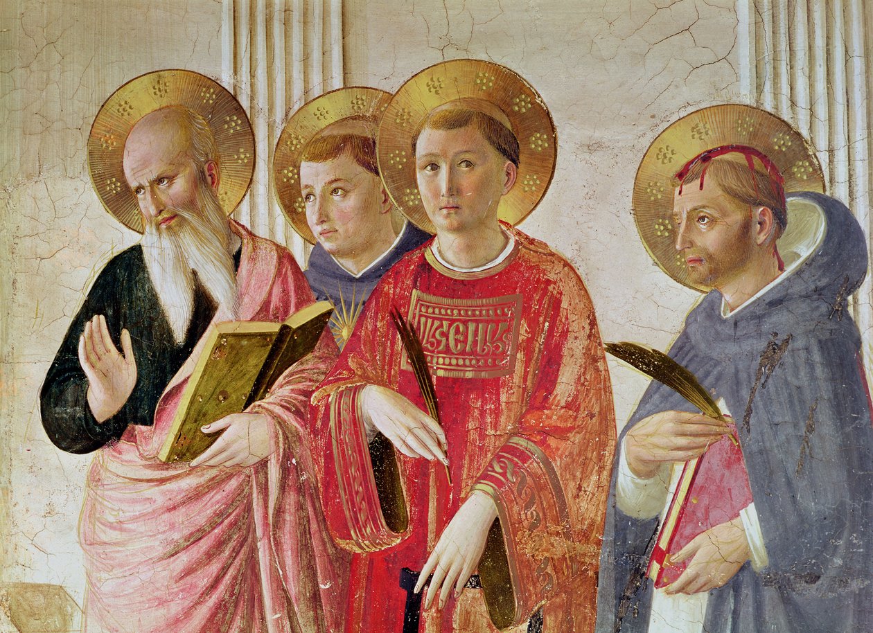 Az Árny Madonna, Szent János evangélista, Aquinói Tamás, Lőrinc és Péter vértanú részlete az első emeleti folyosóról alkotó: Fra Angelico