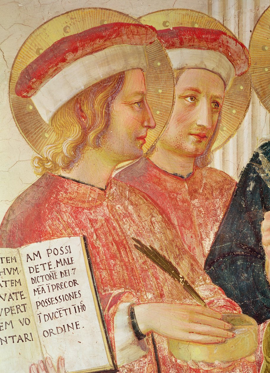 Árnyék Madonna vagy Szűz és Gyermek között Szent Domonkos, Kozma, Damien, Márk, János evangélista, Aquinói Tamás, Laurence és Pierre vértanú Szent Kozma balról jobbra részlete alkotó: Fra Angelico