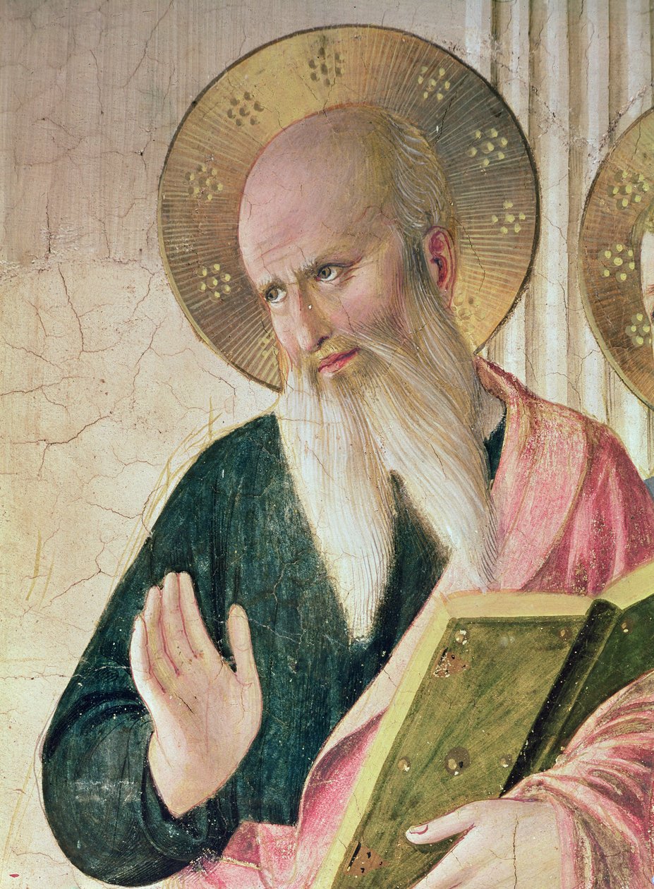 Az árnyék Madonna vagy Szűz és Gyermek között Szent Domonkos, Kozma, Damien, Márk, János evangélista, Aquinói Tamás, Laurence és Pierre vértanú balról jobbra Szent János részlete alkotó: Fra Angelico