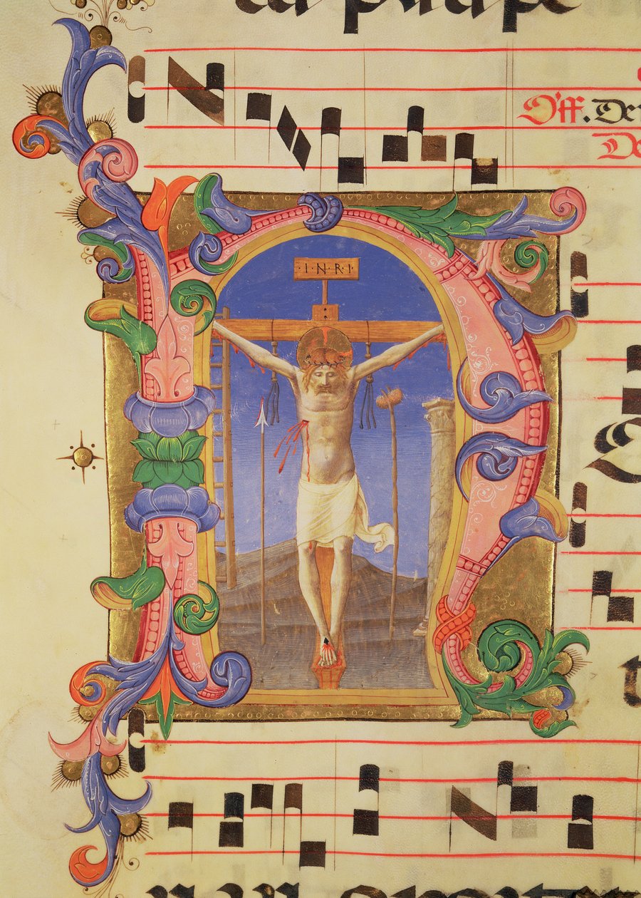 Ms 558 f.45v A keresztre feszítés történeti „N” kezdőbetűvel ábrázolva, egy misekönyv részlete, 1430-as évek elején alkotó: Fra Angelico