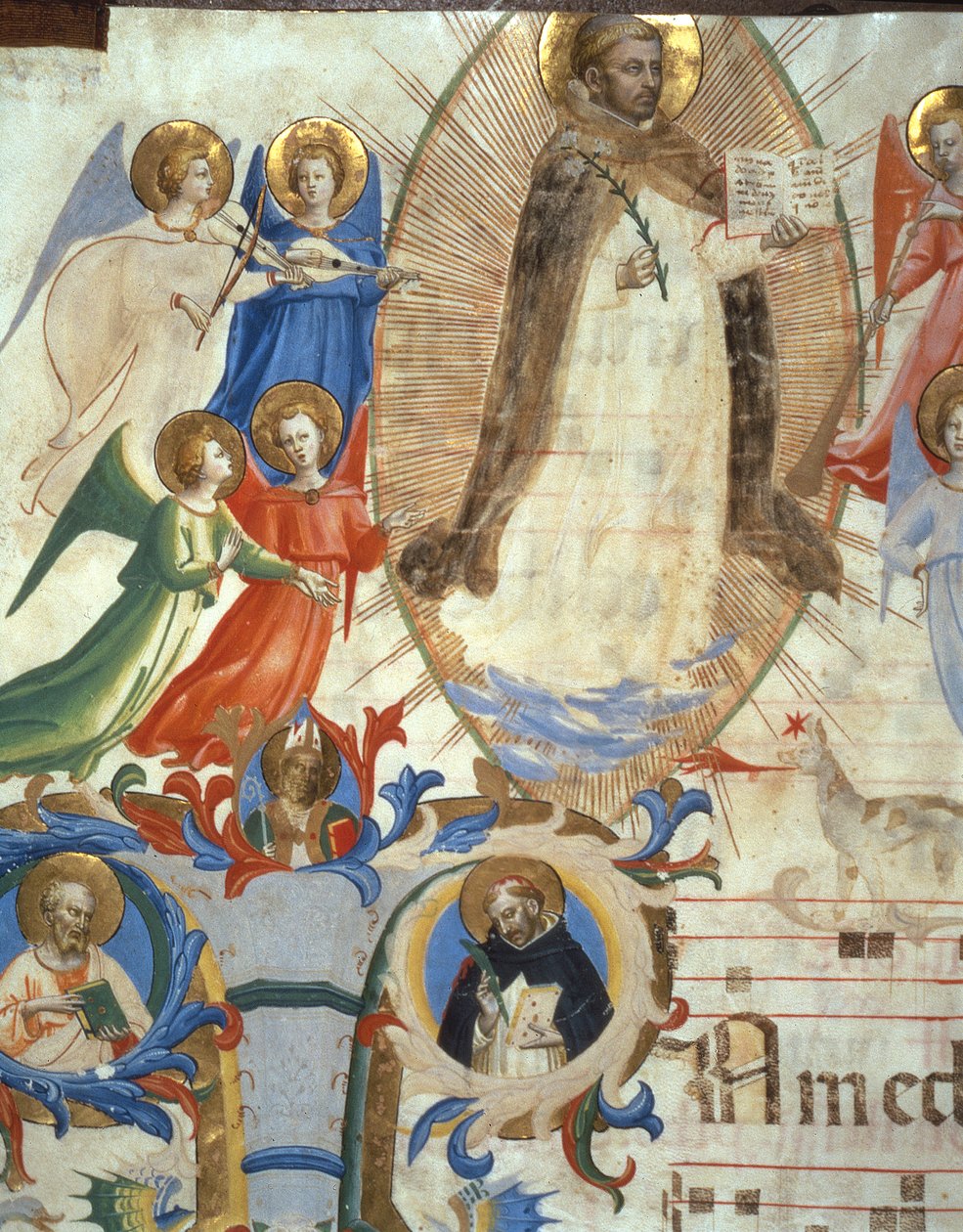 Ms 558 f.67v St. Dominic zenész angyalokkal körülvéve, részlet egy misekönyvből, 1430-as évek eleji pergamen részlet a 88937-ből alkotó: Fra Angelico