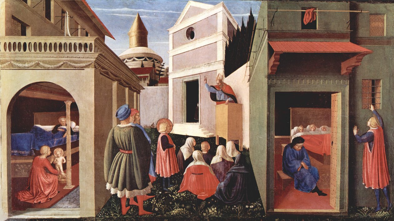 A perugiai San Domenico triptichonjának predella panelje Bari Szent Miklós életéről, jelenet alkotó: Fra Angelico