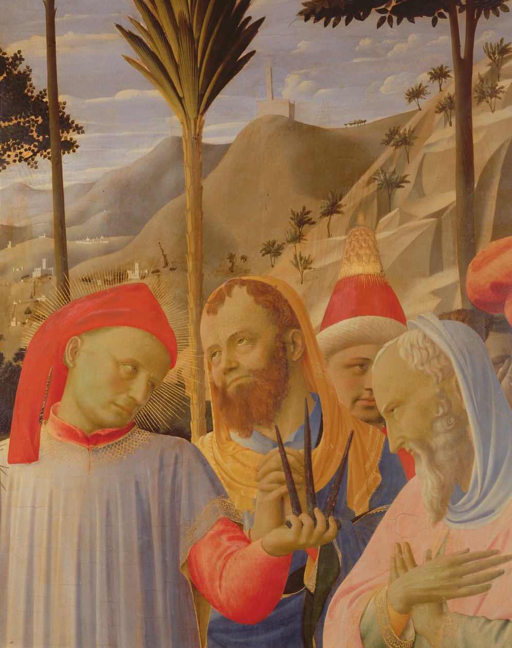 Santa Trinita oltárkép, részlet, amely egy férficsoportot ábrázol, köztük Nikodémust és Arimatai Józsefet is, 1434 körül (tempera és arany a táblán) alkotó: Fra Angelico