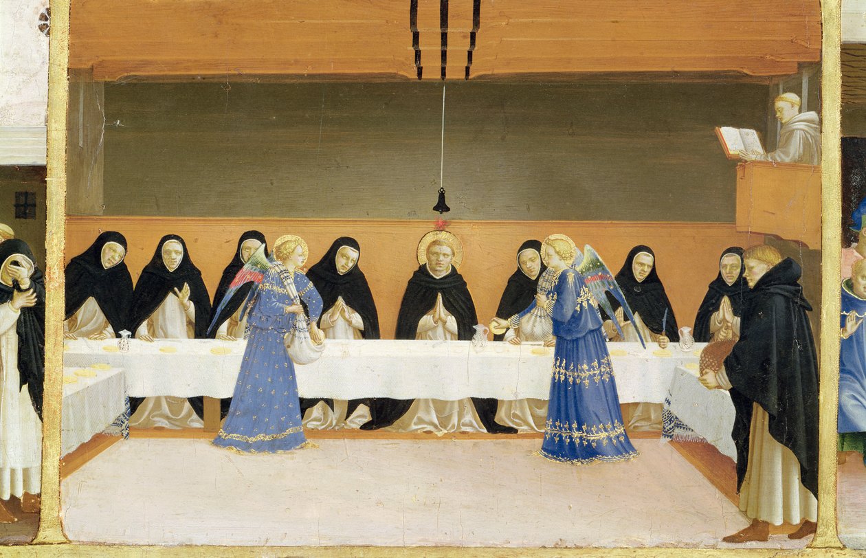 Szent Domonkos és társai angyalok által táplálva, a Szűz Koronázása predella paneljéről, 1430-32 körül (tempera a panelen) alkotó: Fra Angelico