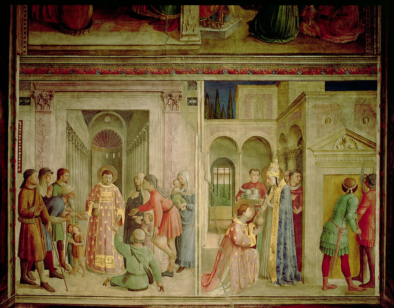 Szent Lőrinc átveszi az egyház kincseit és Szent Lőrinc alamizsnát osztogat. alkotó: Fra Angelico