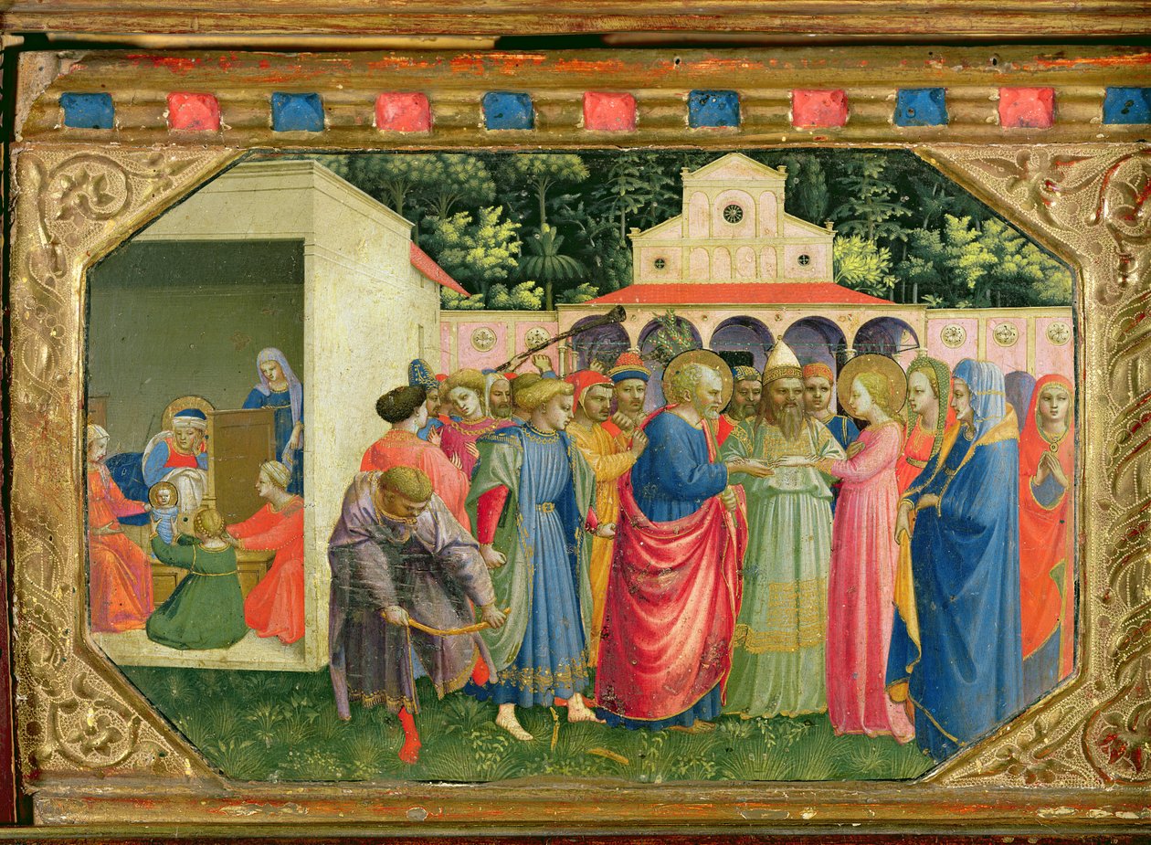 A Szűz születése és házassága, az Angyali üdvözlet oltárképe predellájából, 1430-32 körül (tempera és arany a táblán) alkotó: Fra Angelico