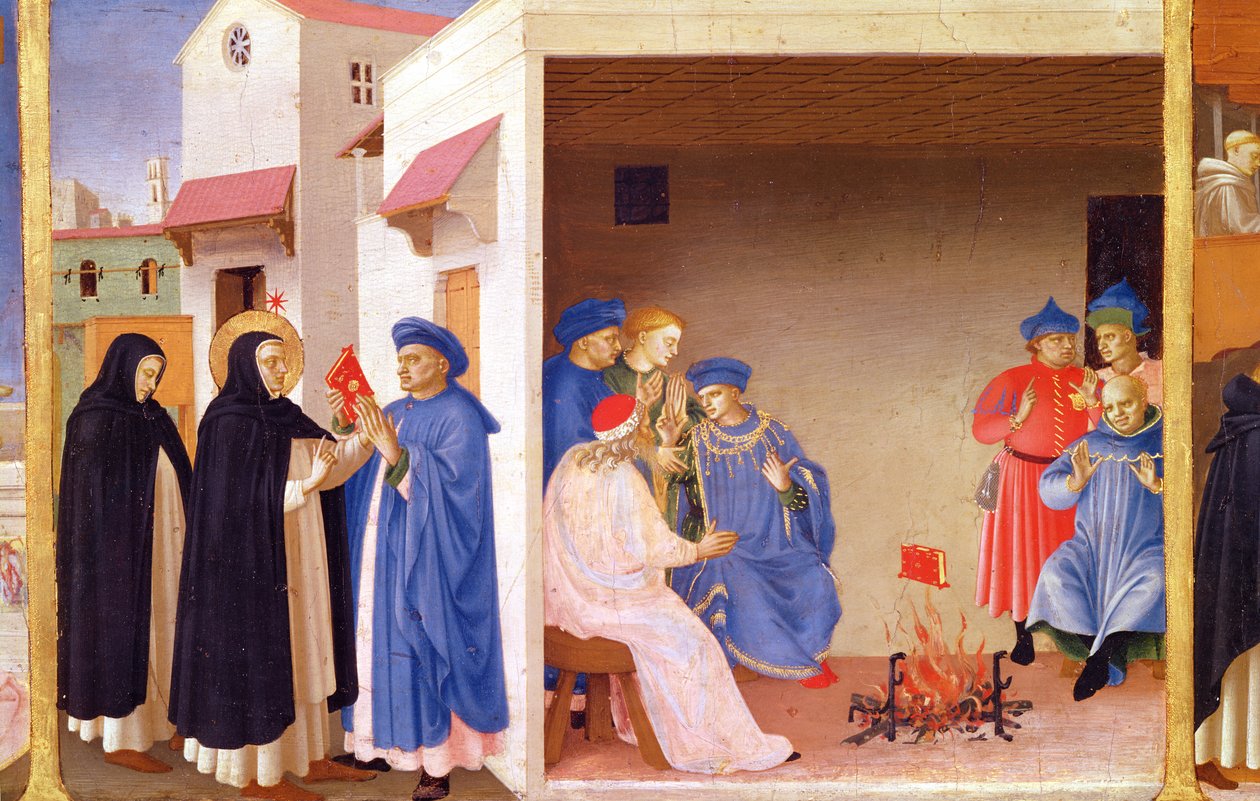 A Szűz koronázása, részlet Szent Domonkosról, aki visszaadja a könyvet az albigenseknek, 1430-32 körül (tempera a panelen) alkotó: Fra Angelico