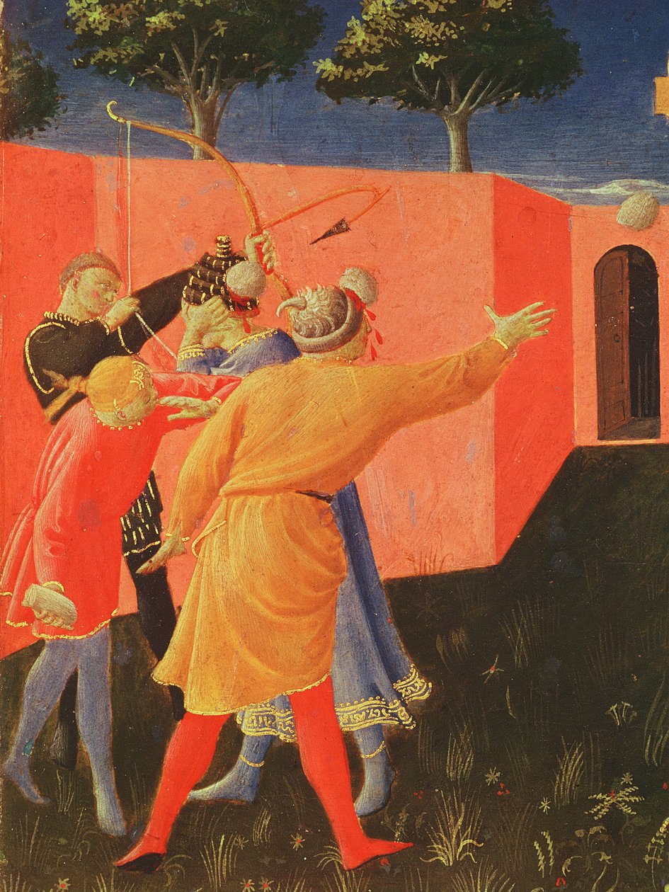 SS keresztre feszítése és megkövezése. Cosmas és Damian, kínzóik részlete, predella az Annalena-oltárképről, 1434 (tempera a panelen) alkotó: Fra Angelico