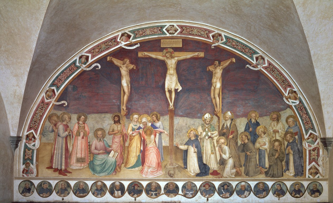A keresztre feszítés, SS-szel. Cosmas, Damian, Francis és Bernard, 1442 alkotó: Fra Angelico