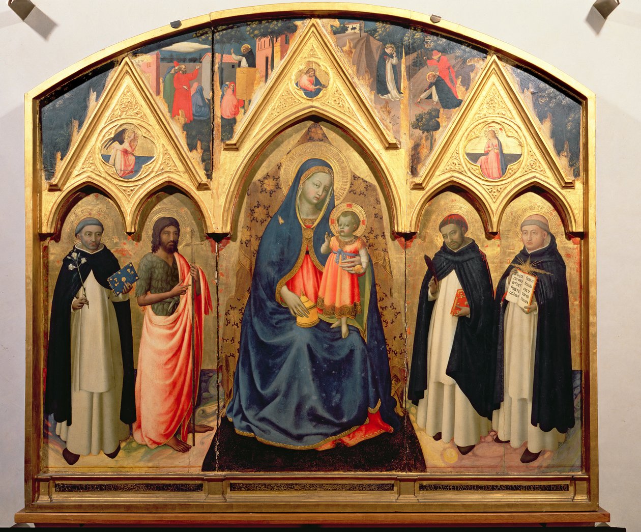 Szűz és gyermek Keresztelő Szent Jánossal, Szent Domonkossal, Szent Péter vértanúval és Aquinói Szent Tamással (tempera a táblán) alkotó: Fra Angelico