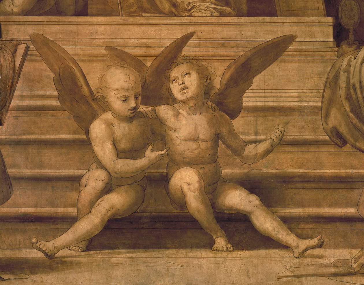 Részlet két angyalról a Palazzo del Gran Consiglio tollról és mosdóról alkotó: Fra Bartolommeo