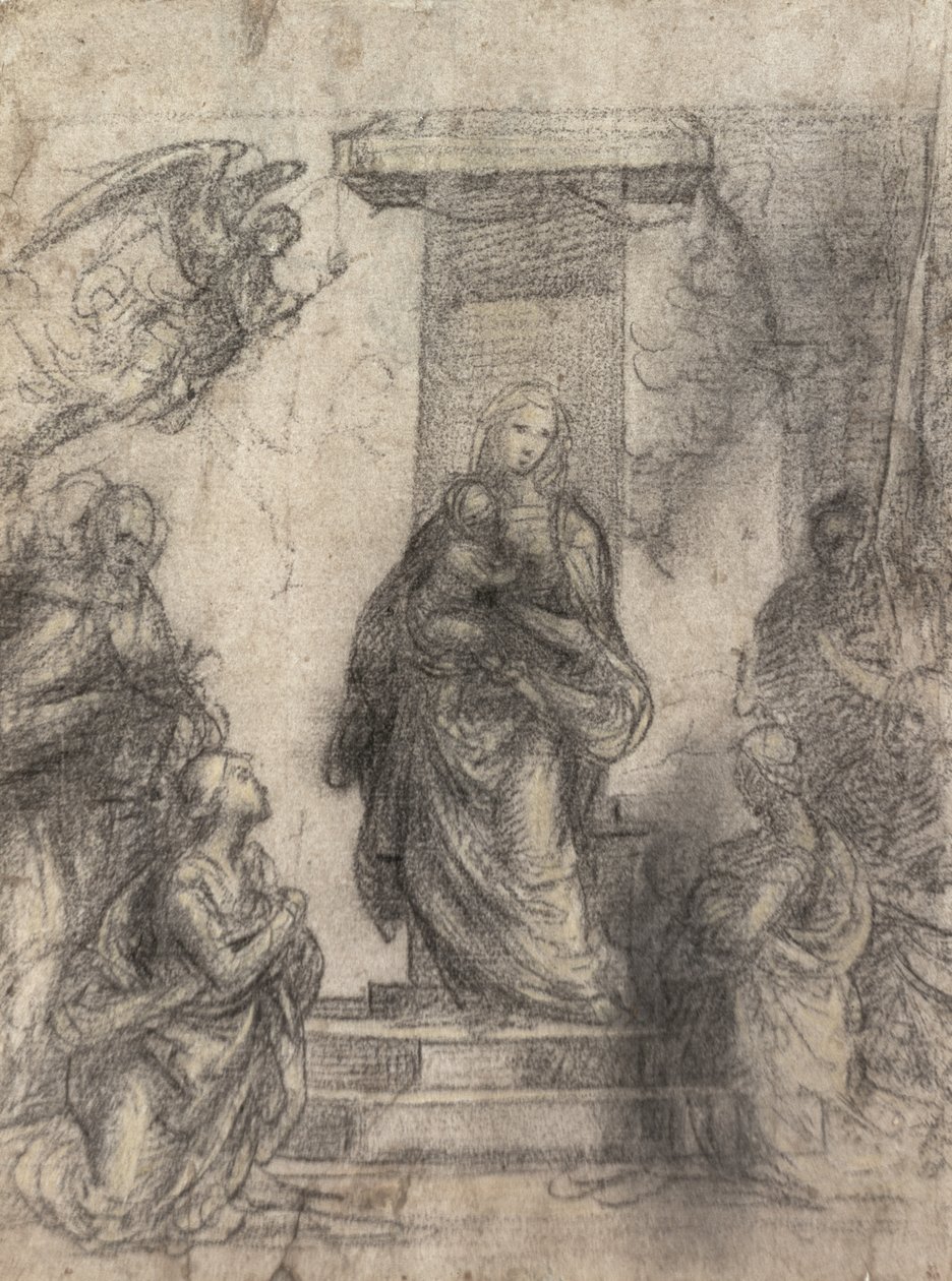 A Madonna és a gyermek szentekkel (recto) (fekete és sárga kréta fehérrel kiemelve a papíron) (a verset lásd: 152659) alkotó: Fra Bartolommeo