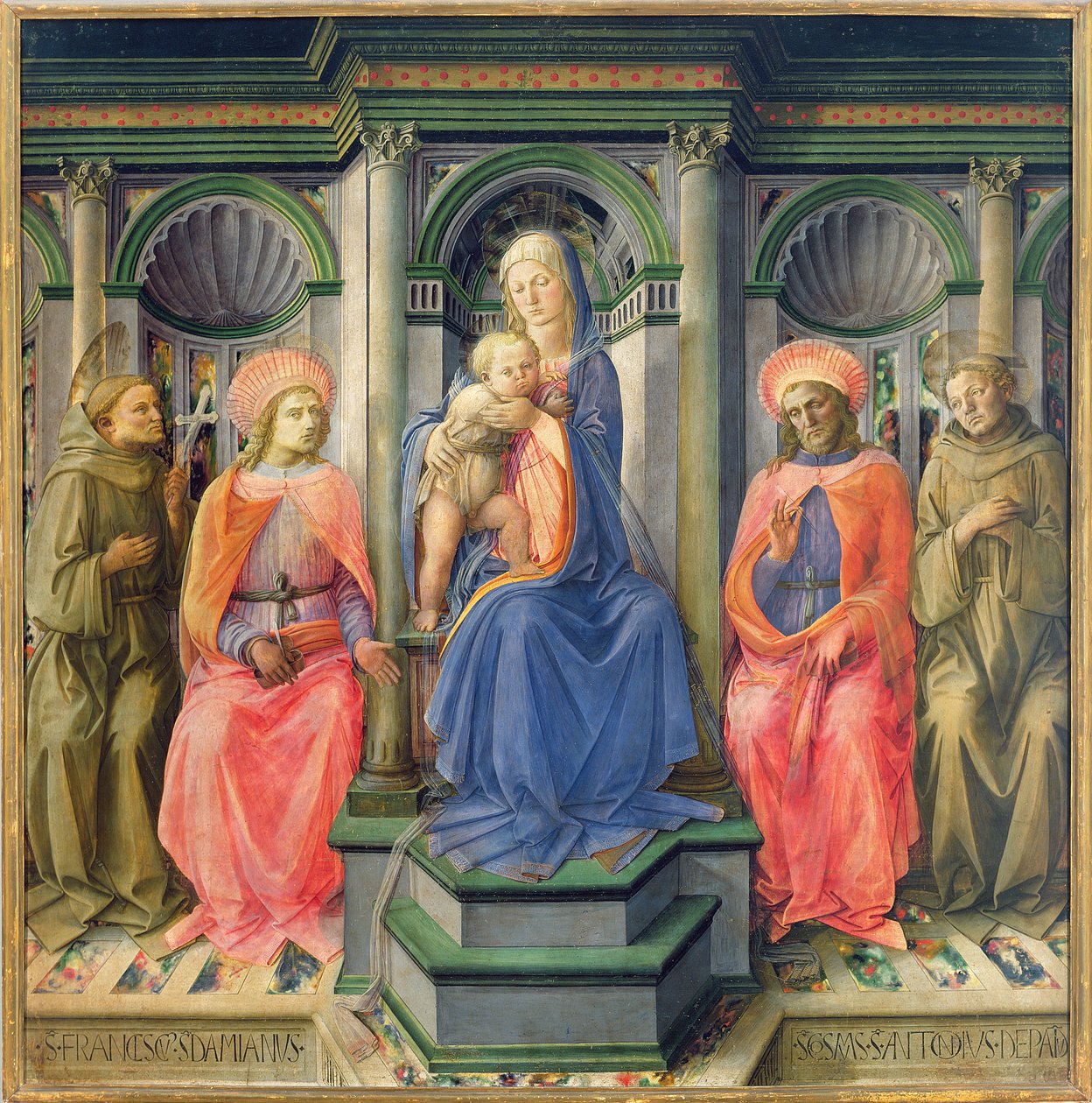 Madonna és a gyermek az SS-nél trónol. Francis, Cosmas, Damian és Anthony of Páduai, 1442–1445 körül (tempera a panelen) (a predella paneleket lásd: 85691–93) alkotó: Fra Filippo Lippi