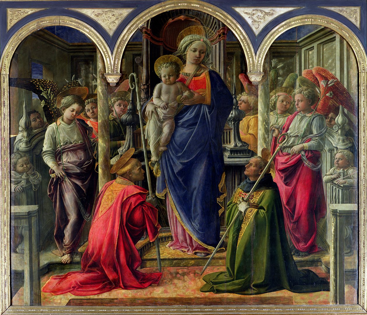 A Barbadori oltárkép: Szűz és gyermek angyalokkal körülvéve Szent Fredianóval és Szent Ágostonnal, 1437 alkotó: Fra Filippo Lippi