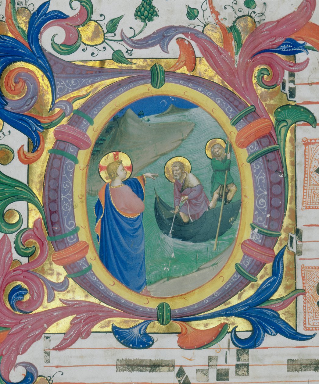 Simon Péter és András elhívása. Illusztrált miniatűr misekönyvben (c. 9, verso) alkotó: Fra Angelico