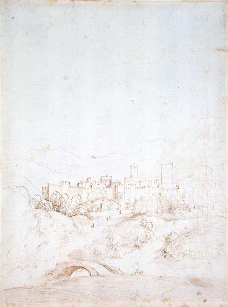 Egy olasz hegyi város (recto) (toll, barna és fekete tinta papíron) (a verset lásd: 152661) alkotó: Fra Bartolomeo