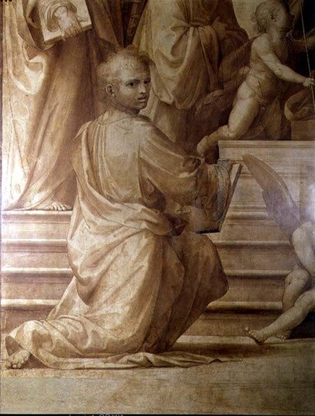 A Nagy Tanács oltárképe, egy fiatal térdelő szentet ábrázoló részlet alkotó: Fra Bartolomeo
