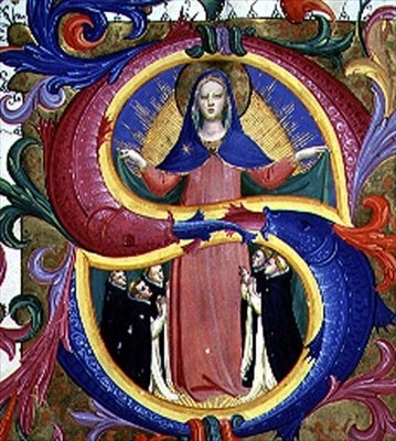 Ms 558 f.156v Történeti kezdetű „S”, amely a Szűzet a köpenye alatt menedéket nyújtó kérőket ábrázol, egy misekönyv részlete, 1430-as évek eleje (vellum) (a részletekért lásd: 78826 és 88941) alkotó: Fra (c.1387 1455) Angelico