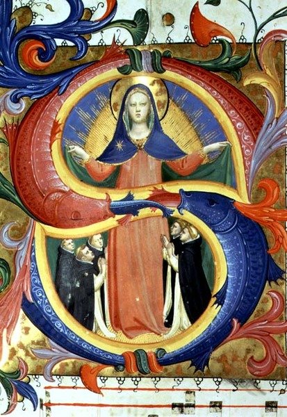 Ms 558 f.156v Történeti kezdetű „S”, amely a Szűzet ábrázolja, amint a köpönyege alatt menedéket kér, részlet egy misekönyvből, 1430-as évek eleje (vellum) (88940 részlet) alkotó: Fra (c.1387 1455) Angelico