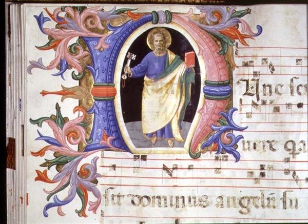 Ms 558 f.60v Szent Pétert ábrázoló történeti "N" kezdőbetű, részlet egy misekönyvből, 1430-as évek eleje (pergamen). alkotó: Fra (c.1387 1455) Angelico