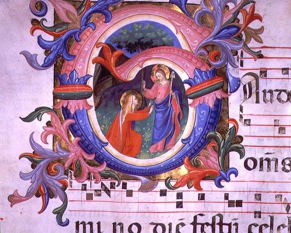 Ms 558 f.64v A Noli Me Tangere-t ábrázoló „G” előtag, részlet egy misekönyvből, 1430-as évek eleje (vellum) alkotó: Fra (c.1387 1455) Angelico