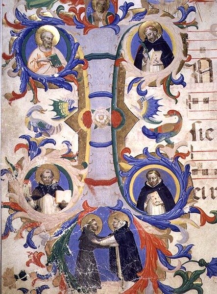 Ms 558 f.67v Történetiesített "I" kezdőbetű, amely (az óramutató járásával megegyező irányban) SS. Augustinus, Ambrus, Péter Mártír, Gergely és Jeromos, részlet egy misekönyvből, 1430-as évek eleje (pergamen) (88937 részlet). alkotó: Fra (c.1387 1455) Angelico