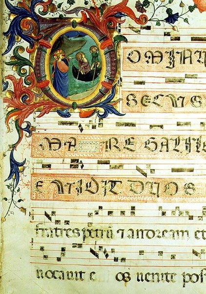 Ms 558 f.9r Történeti kezdetű „O”, amely Szent Péter és Szent András elhívását ábrázolja kottajelzéssel, egy misekönyv oldalának részlete, 1430-as évek eleje (vellum) (a részleteket lásd: 78833 és 88929) alkotó: Fra (c.1387 1455) Angelico