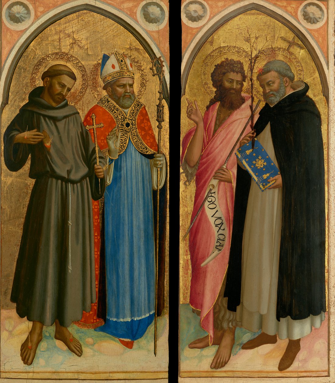 Szent Ferenc és egy püspök, Keresztelő Szent János és Szent Domonkos, 1420-as évek vége (tempera és levélarany, tábla) alkotó: Fra (c.1387 1455) Angelico